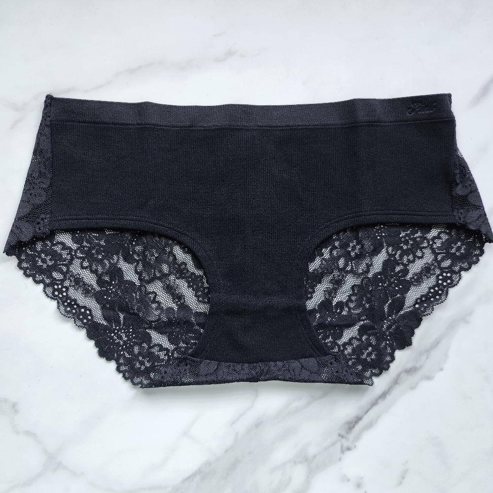NWT PINK VICTORIA'S SECRET SEAMLESS LACE BACK HIPHUGGER PANTY IN PURE BLACK LARG